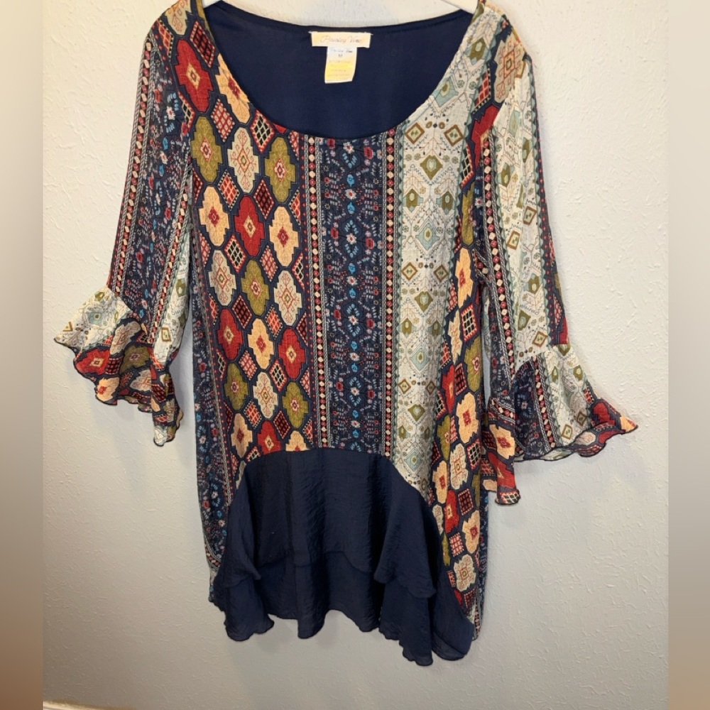 Paisley Vine Bohemian Navy Multi Colored Tiered Tunic Top Women’s Size Medium